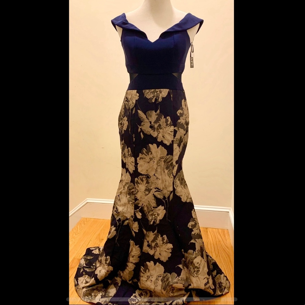 Xscape Off-shoulder, Brocade Mermaid Skirt Gown With Mesh Panels